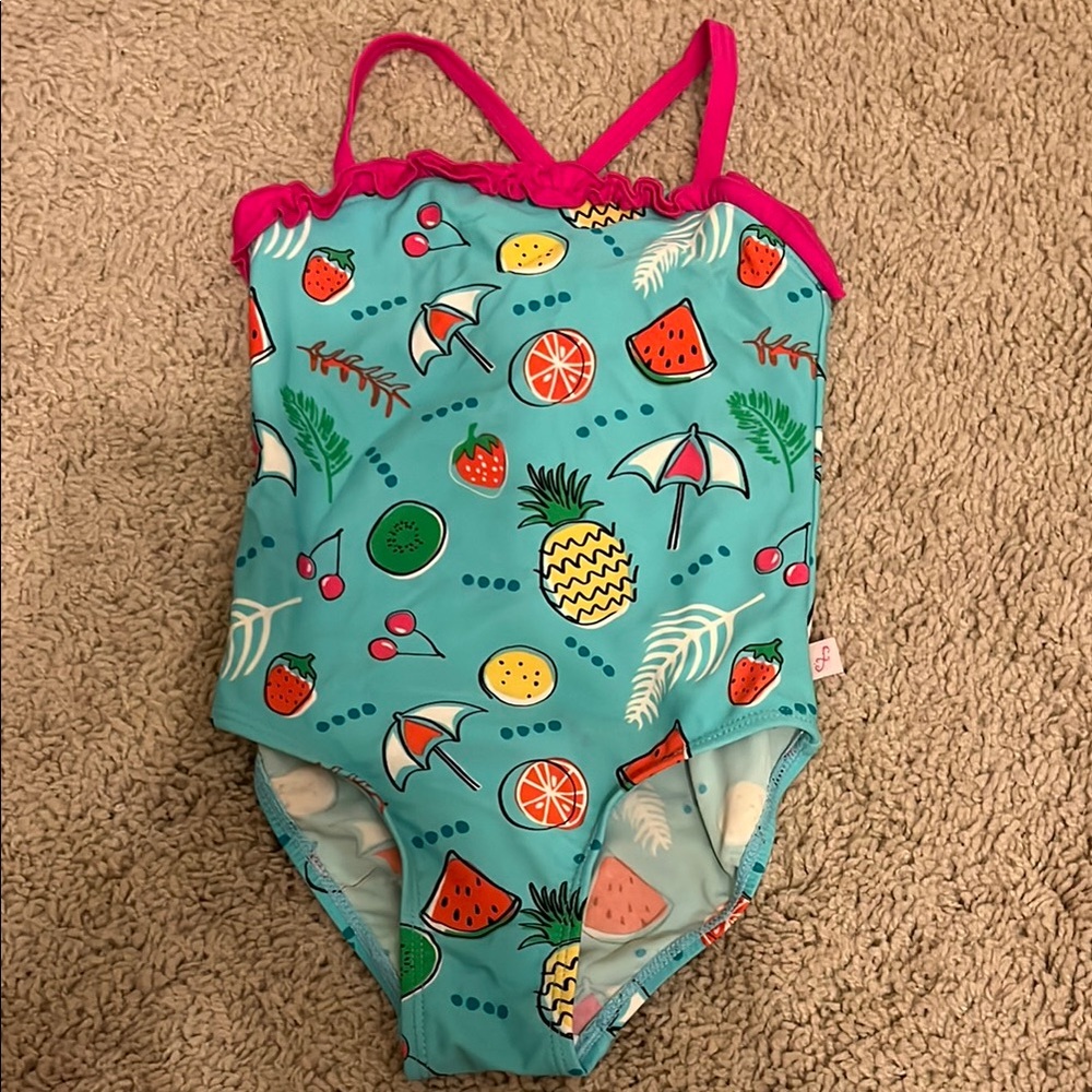 Floatimini Blue and Pink One Piece Swimsuit with Tropical Fruit Design